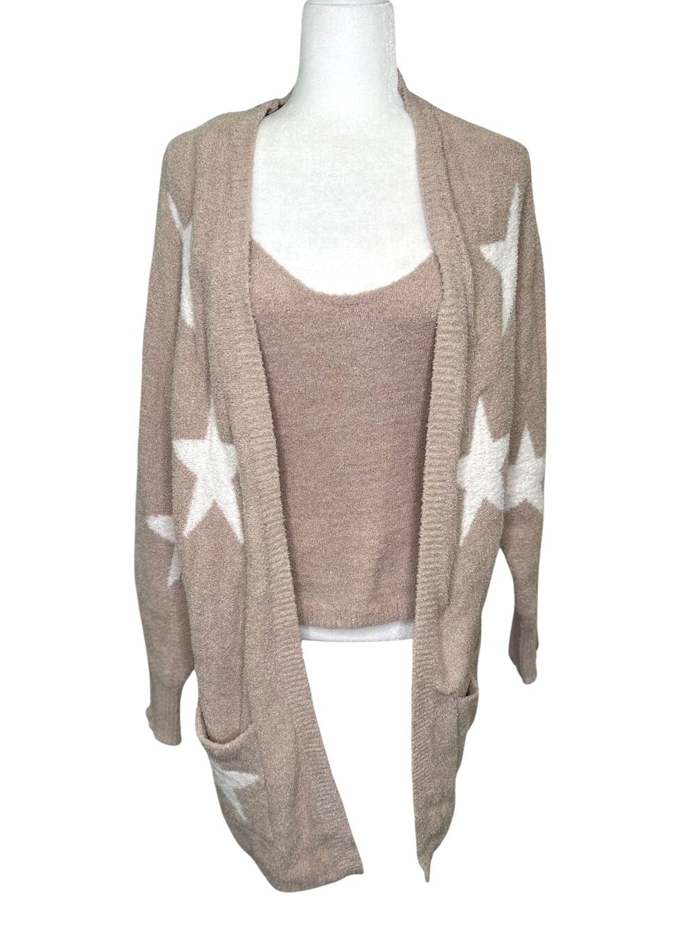 Sincerely Jules 2 Pc. Beige Cream Star Cami and Long Open Cardigan Sweater Large